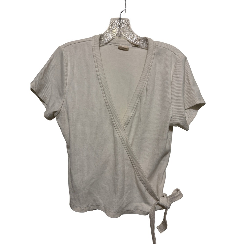 Levis Womens Ribbed Knit Wrap Top Short Sleeve V-Neck Wrap Tie White Large